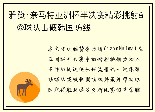 雅赞·奈马特亚洲杯半决赛精彩挑射助球队击破韩国防线